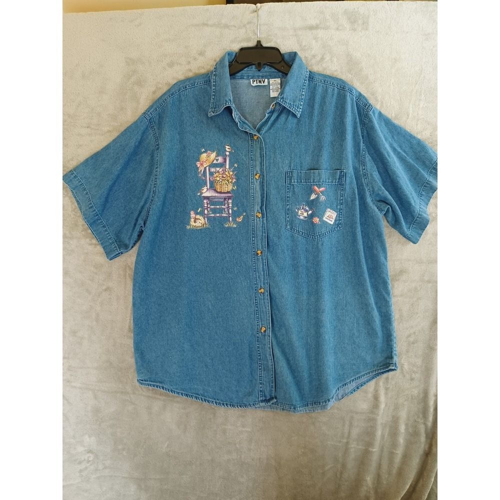 Ptny Denim Shirt 3X‎ Bird Floral Garden Artsy Short Sleeve Cottagecore Applique - Picture 10 of 10
